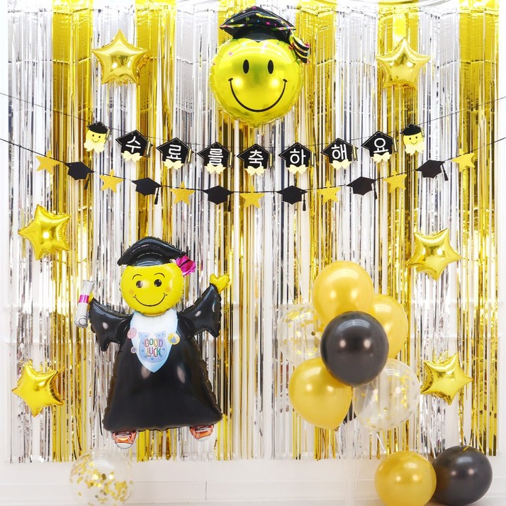 파티짱 수료 가랜드 풍선 커튼 세트 장식 축하 파티 소품, 1개, 수료 스마일리본 골드실버