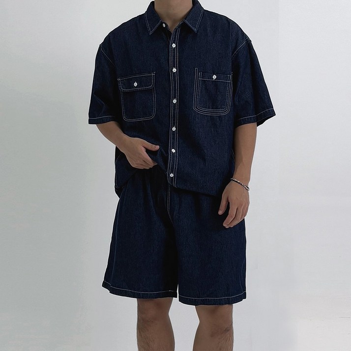남성 여름 오버핏 데님 반팔 셔츠 밴딩 반바지 상하의 세트