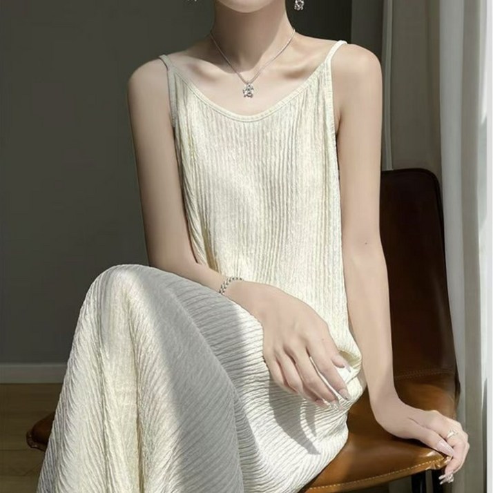 원샤인 여성 플리츠 끈나시 민소매 주름 롱 원피스