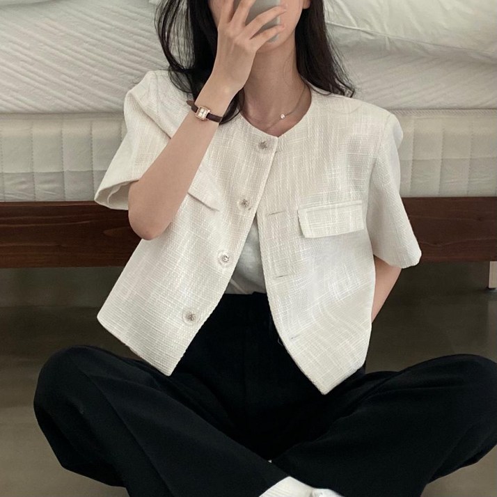 비비디아 Bibidia 여름 가을 신상 여성 반팔 자켓 트위드 쇼트 상의 캐주얼 정장 재킷 5408