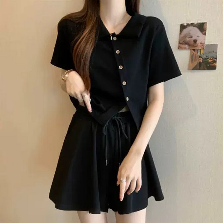 여름 여성 투피스 세트 티셔츠 + 밴딩 반바지 세트 데일리룩 캐주얼 하객룩 투피스 세트