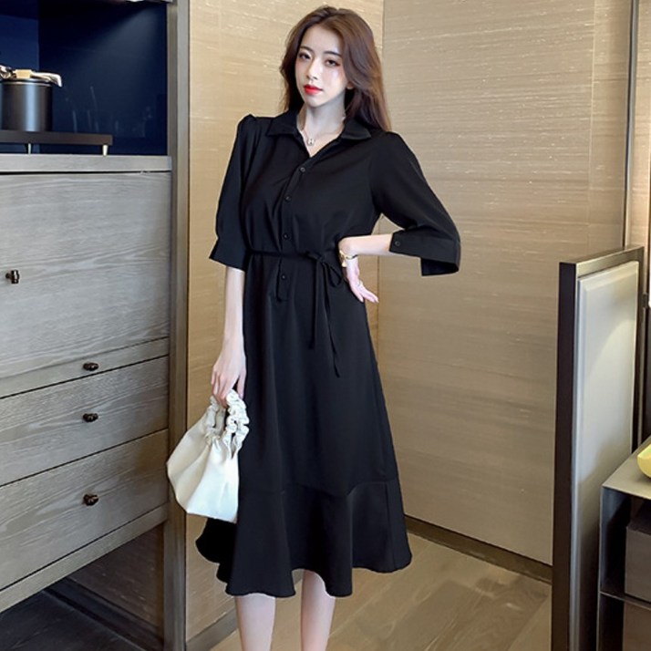 에쉬울프 데일리 우아한 카라넥 프렌치 반팔 미디 원피스