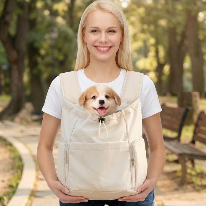 옴마생활 강아지 산책 앞가방 애견 이동 포대기, 1개, 베이지