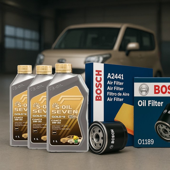 기아 레이 엔진오일 교환세트 (세븐골드 C2&C3 1L 3개 / 보쉬 A 2441 / 보쉬 O 1189), 3개, 1L