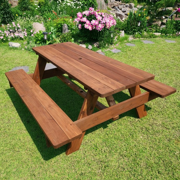 미엔우드 송진 없는 통원목 일체형 야외테이블 세트 야외용 평상 편의점 카페 피크닉 테이블