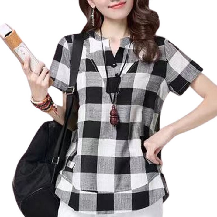 마마드 빅체크 반팔블라우스 H632