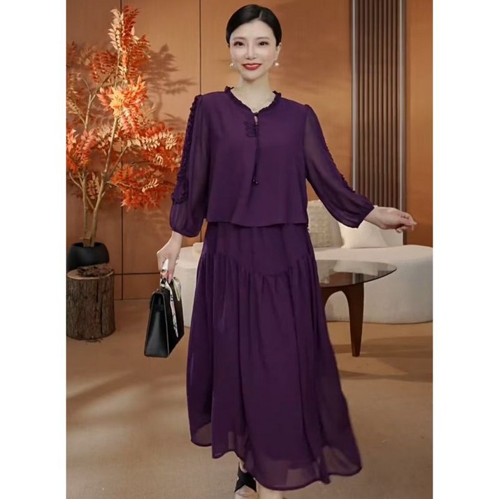 중년 여성 봄 캐주얼 스커트 세트 빅사이즈 엄마 긴소매 쉬폰 + 드레스 우아한 스타일 JS