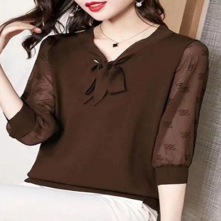 여성 청남방 하객 블라우스 오버핏 청난방 루즈핏 남방 셔츠 봄 여름 스타일 쉬폰 레이디 캐주얼 반소매 보우 타이 칼라 탑스 DF4165