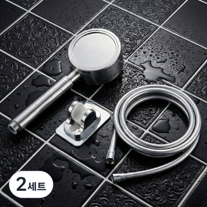 시그니처 스텐 샤워헤드 거치대 샤워줄세트 샤워헤드꼬임방지샤워줄무타공샤워기거치대, 샤워헤드무타공거치대꼬임방지샤워줄1.5M, 2세트