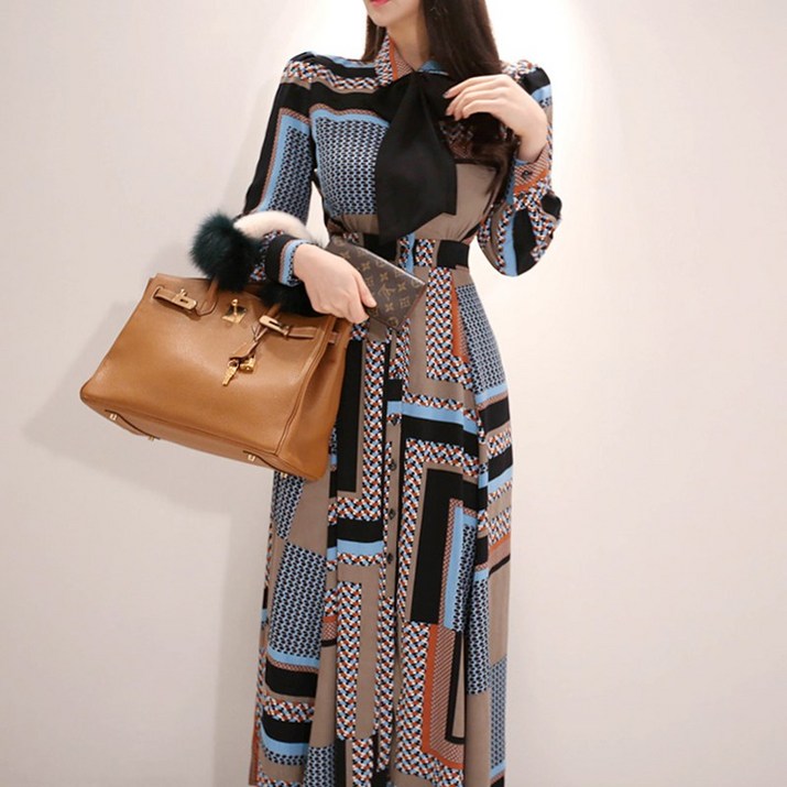 보세옷 [명품수입보세] 여성 정장 오피스룩 블랙 리본 고급 패턴 롱 원피스