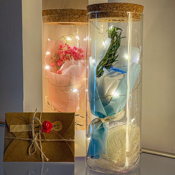 MCH 생일선물 코르크 유리병 LED 꽃+크라프트 편지지+쇼핑백, 아이스블루장미