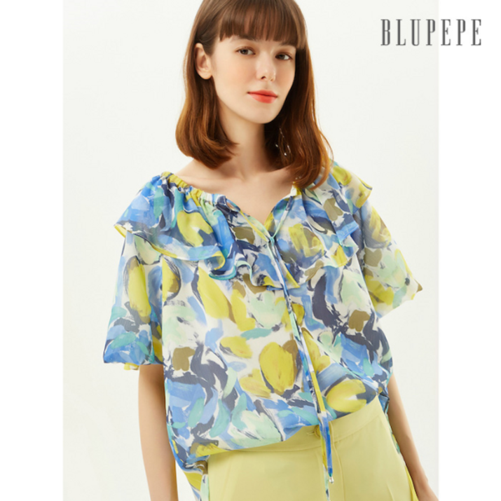 [블루페페] 프린트 러플 블라우스 BL_P222MSC008