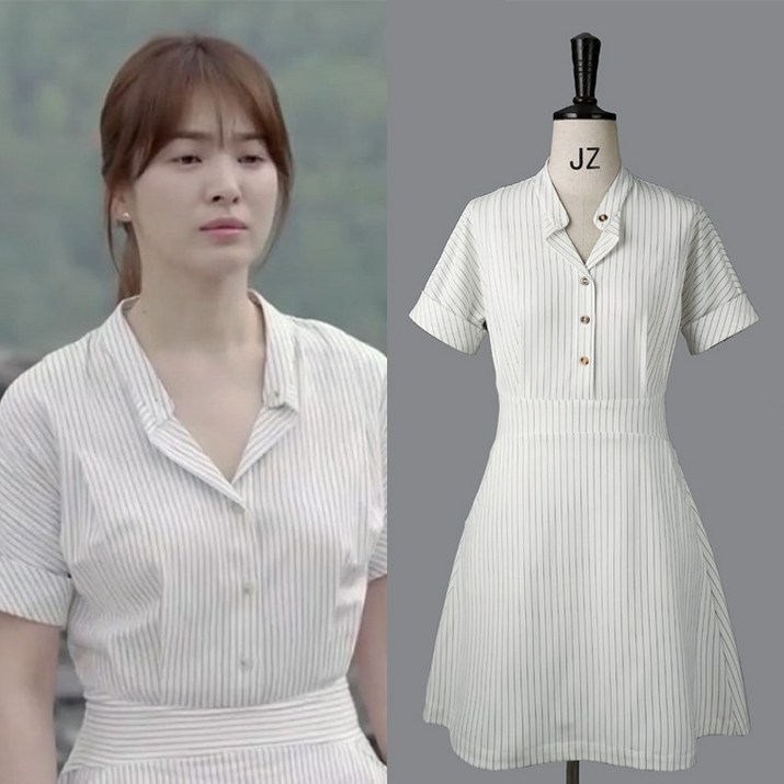 송혜교 같은 2020 한국 판 롱 화이트 스 트 라 이 프 정품 슬 림 핏 반팔 셔츠 원피스 여하복
