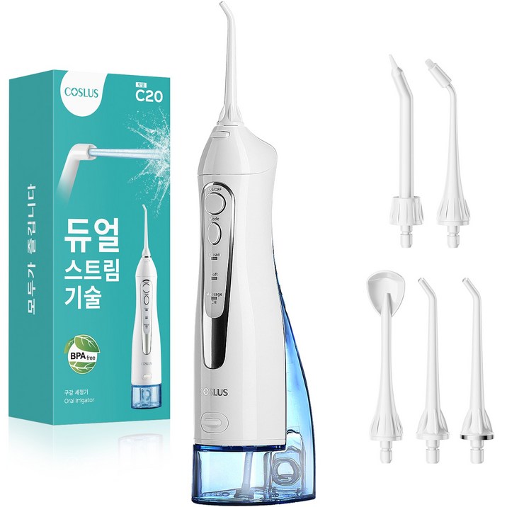 코슬루스 휴대용 무선 구강세정기 IPX7급방수+5개노즐팁