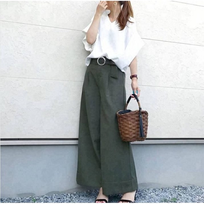 체인지쉬(change she) 여름 신상 루즈핏 브이넥 가오리 반팔 상의 벨트 와이드 팬츠 투피스