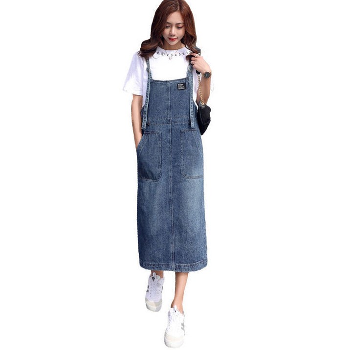 여성용 데님 멜빵 롱원피스 튜닉 빅 포켓 원피스 뉴타임즈 O088Y257