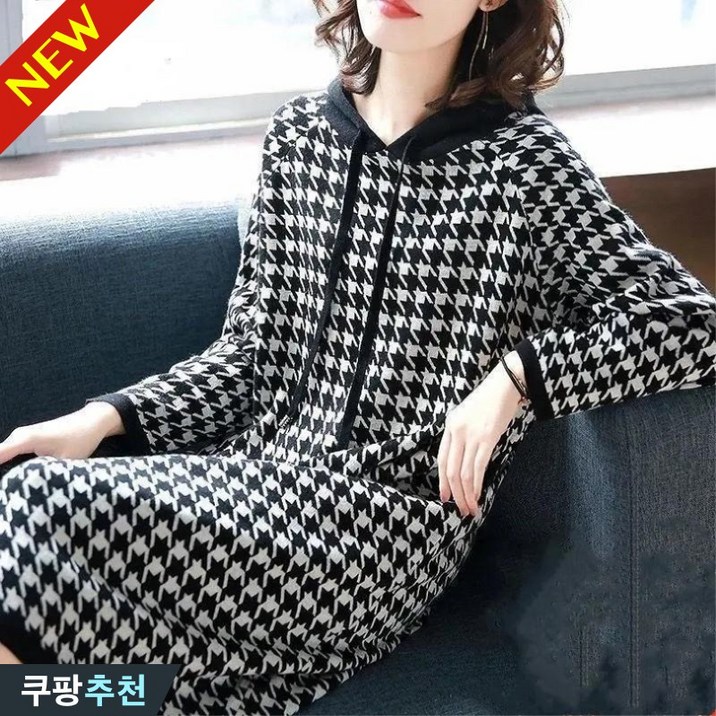 100kg까지 빅사이즈 여성 하프 체크 클래식 배색 우아한 중년여성 원피스 가을 편한 폼폼 입체 젊어 보이는 후드 스트링 주머니있는 오버핏 스판 통기성 심플 5xl 6xl 스커트