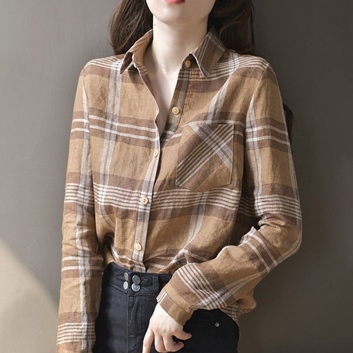 POMTOR 여성용 봄 가을 브라운 체크무늬 긴팔 캐주얼 셔츠 코튼 루즈핏 블라우스