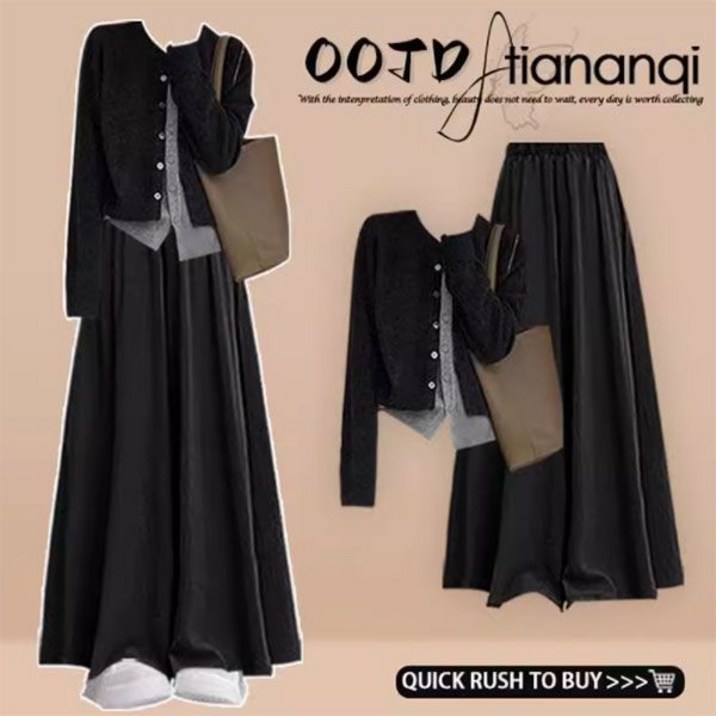 캐주얼 여성복 투피스 빅사이즈 슬림핏 가디건 + 롱 스커트 세트 봄 가을 여자 트레이닝복 세트 YJW