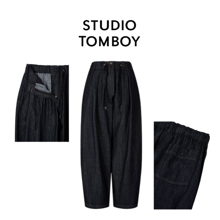[백화점발송]스튜디오톰보이 여성용 청바지 다크네이비 스트링 와이드핏 데님 팬츠 긴바지 밴딩 캐주얼 데일리