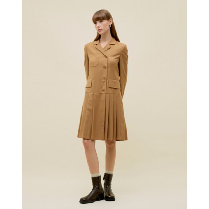 헤지스 여성 22FW 카멜 플리츠배색 울혼방 긴팔카라원피스 HSDR2D792CM