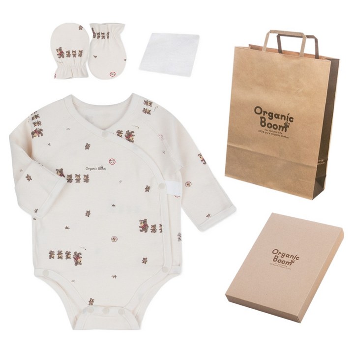 오가닉붐 곰가족 사계절 스냅 배냇 바디슈트  손싸개  손수건  쇼핑백  상자 세트