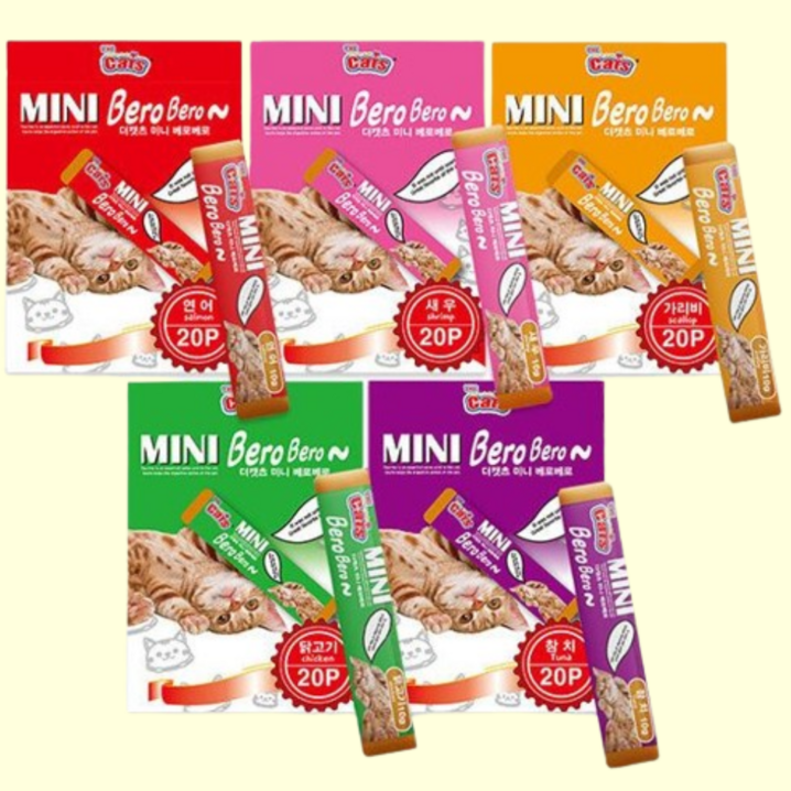 20P x 5개  더캣츠 미니베로베로 혼합콤보 5가지맛 20P 대용량 고양이간식 총 100개입