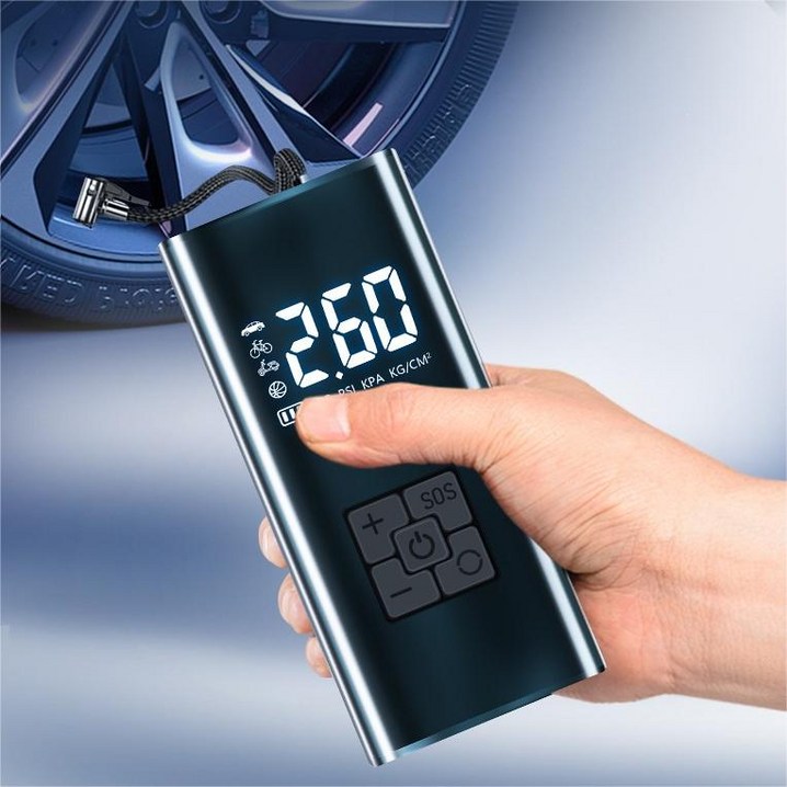 타이어 공기압 주입기 휴대용 무선 올인원 세트 6000mAh 타이어 압력 모니터링led손전등보조배터리자동차 농구공 자전거 오토바이 다용도에어펌프, 블랙, 1세트