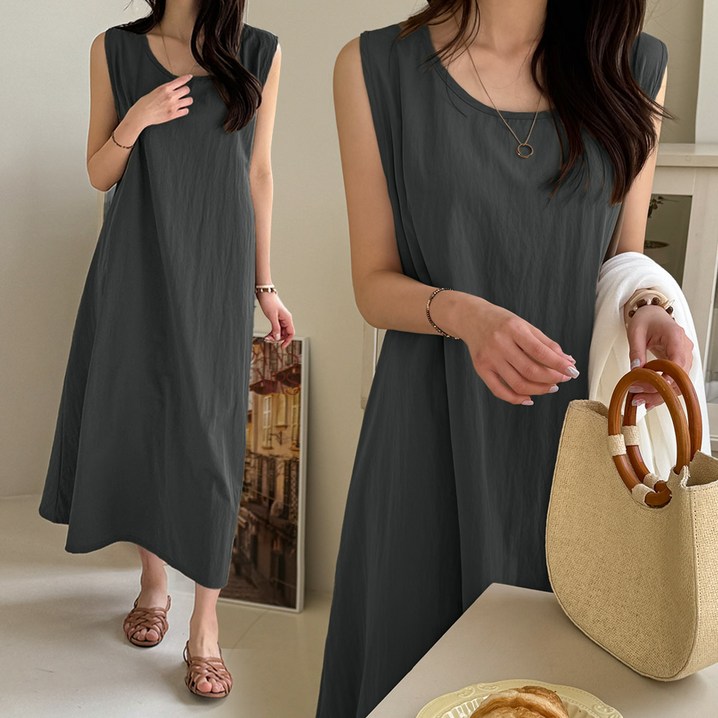 데일리앤 베일라 바스락 나일론 여름 시원한 민소매 나시 롱 원피스 아노락 플레어 썸머 바캉스 휴양룩