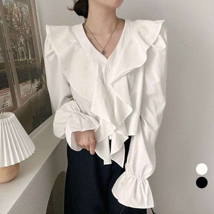 LALABELLE 여성용 셔츠 브이넥 프릴 퍼프 긴팔 블라우스 로맨틱 하객룩 셔츠 LALABELLE 여성용 셔츠 브이넥 프릴 퍼프 긴팔 블라우스 로맨틱 하객룩 셔츠