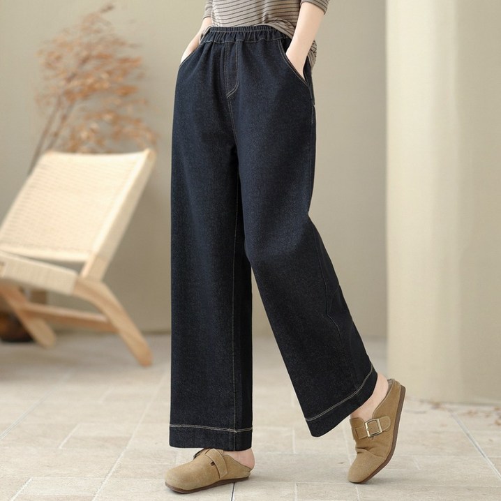 플랜앤유 허리밴딩 루즈 심플 와이드핏 데님 팬츠
