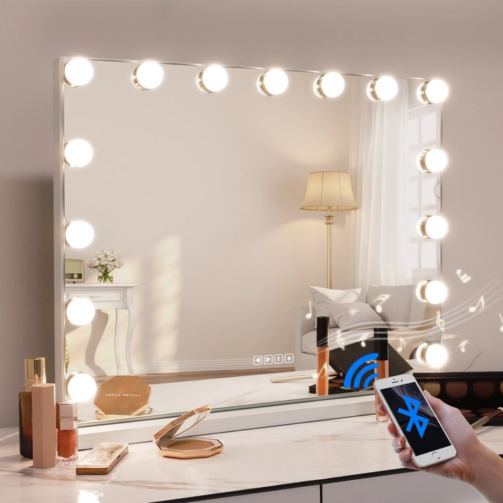 FENCHILIN 블루투스 LED 거울 대형 화장경 조명 할리우드 화장경 스마트 터치스크린 거울 벽면  탁상 겸용 거울 흰색 58cm x 46cm, 흰색