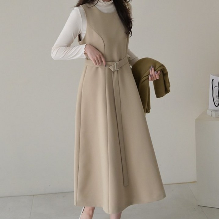 데일리앤 베를린 뷔스티에 플레어 벨트 세트 하객룩 원피스 지퍼 레이어드 봄 가을 사계절