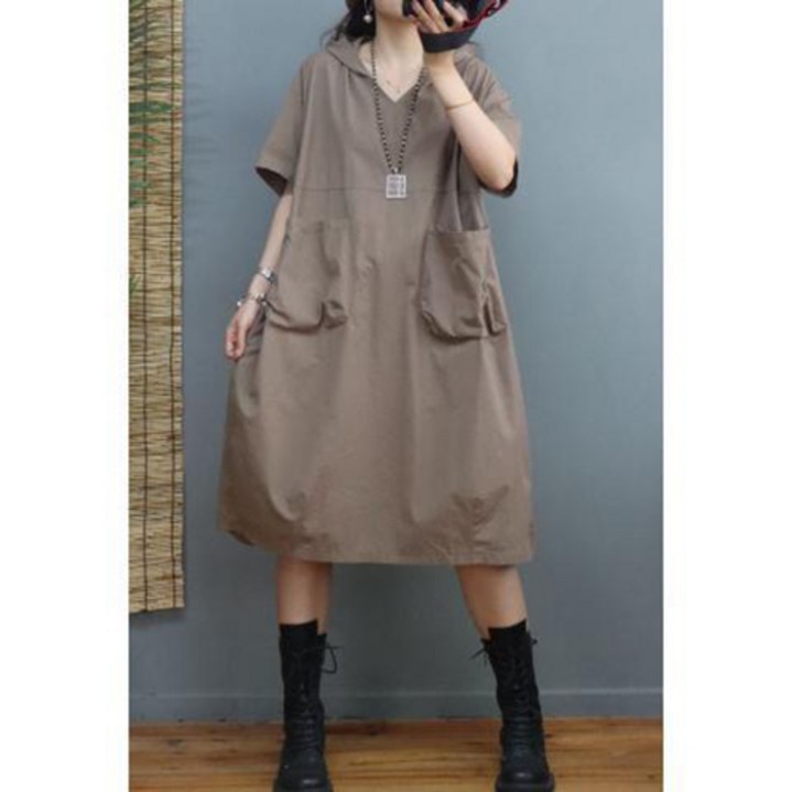 중년 여성 여름 반팔 후드 원피스 캐주얼 얇은 맨투맨 치마 루즈핏 후드티 기질 카고 반팔 후드 원피스 CY