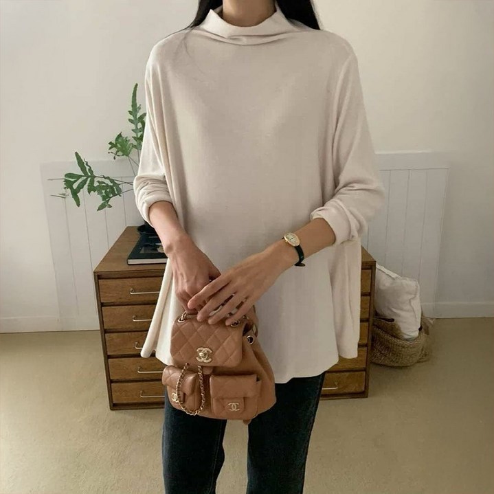스타일 루즈핏 박스 라운드 무지 피치기모 훌티셔츠 이너 봄 겨울 40대 여성 크림 핑크
