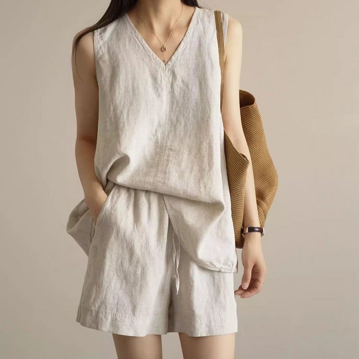 삼제태전 여성 여름용 얇은 면리넨 민소매 탑 + 반바지 세트 루즈핏 통기성 좋은 두피스