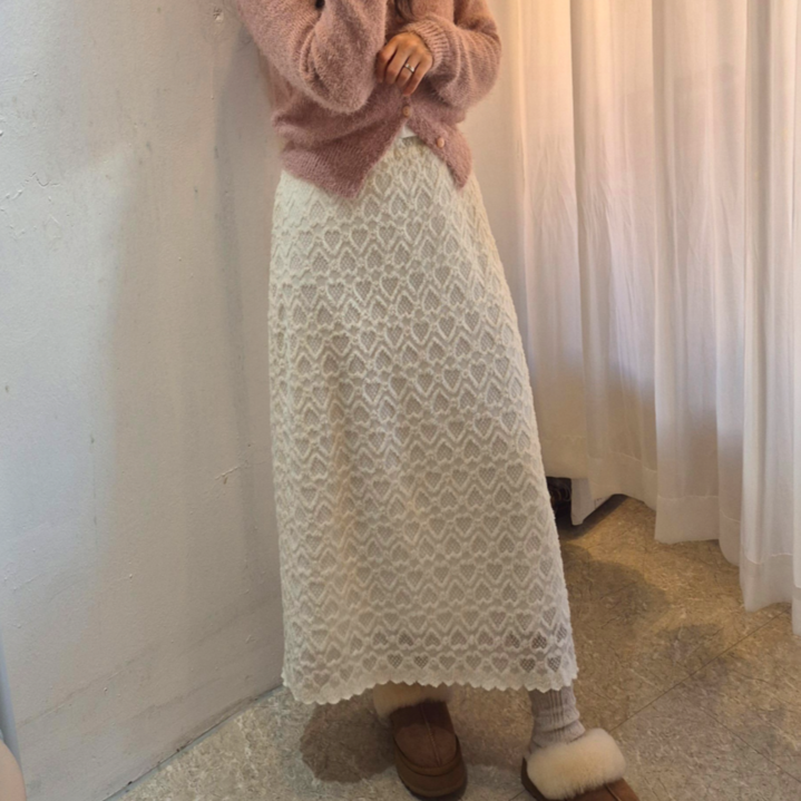 스타일원 여성 허리 밴딩 겨울 하트 레이스 기모 롱스커트 치마