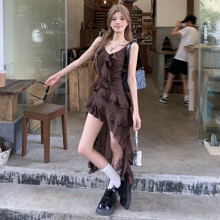 Asure 여자 여름 프렌치 빈티지 언밸런스 프릴 끈나시 A라인 롱 원피스