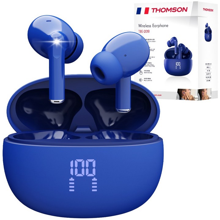 프랑스 톰슨 ENC 노이즈 캔슬링 LED 블루투스 6.0 이어폰 무선 방수, 블루 TBE-201B