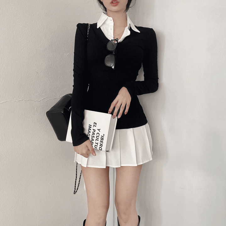 [청순❣/날씬핏!] 플래터 골지 니트 레이어드 플리츠 셔츠 원피스 일체형 세트 (하객룩,데이트룩)