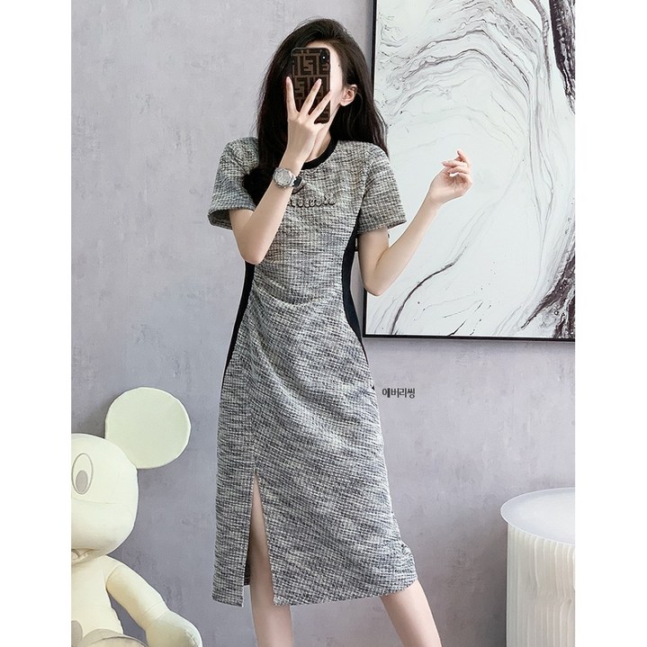 에버리씽 여성 투카라 라운드넥 이니셜 포인트 옆트임 반팔 롱 원피스 Q7337