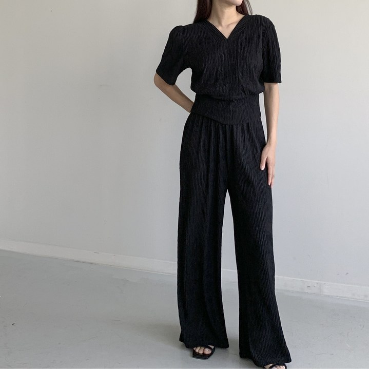 [행복여] 이나 브이넥 벌룬 소매 플리츠 와이드 밴딩 팬츠 세트