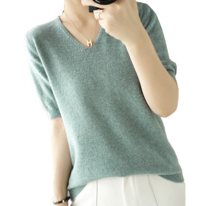 핑크셀럽 보들 브이넥 니트 반팔 티셔츠