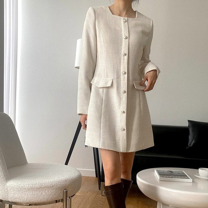 마시맬로 스퀘어넥 라인 트위드 원피스