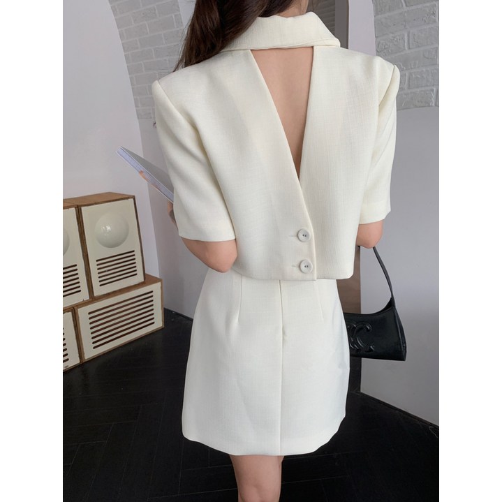 테일러카라 크롭 뒤트임 자켓 스커트 세트 3col