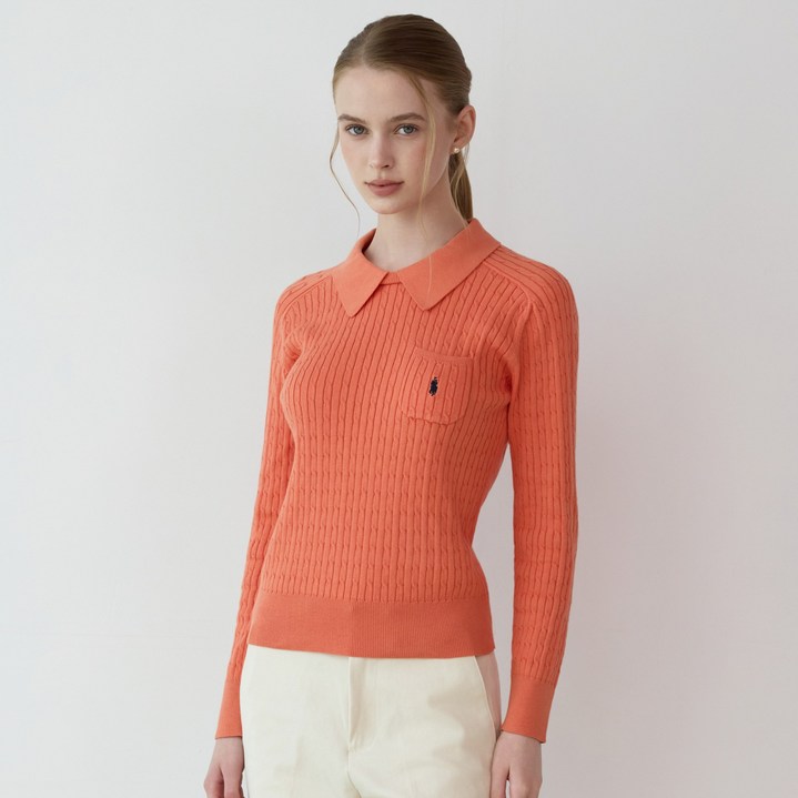 라파클럽 여성 잔꽈배기 카라 포켓 니트 스웨터 면 100