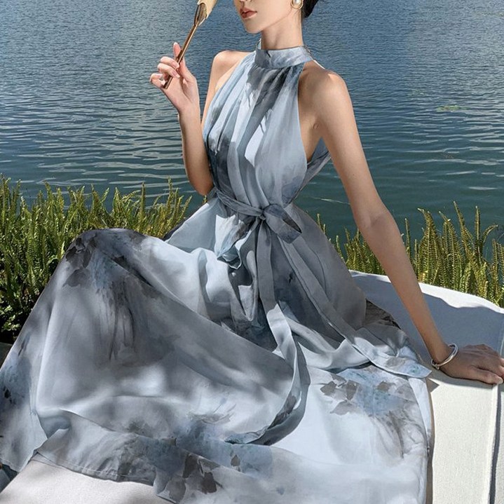 루비루 RB3044  홀터넥 플라워 나염 허리 스트링 롱 원피스