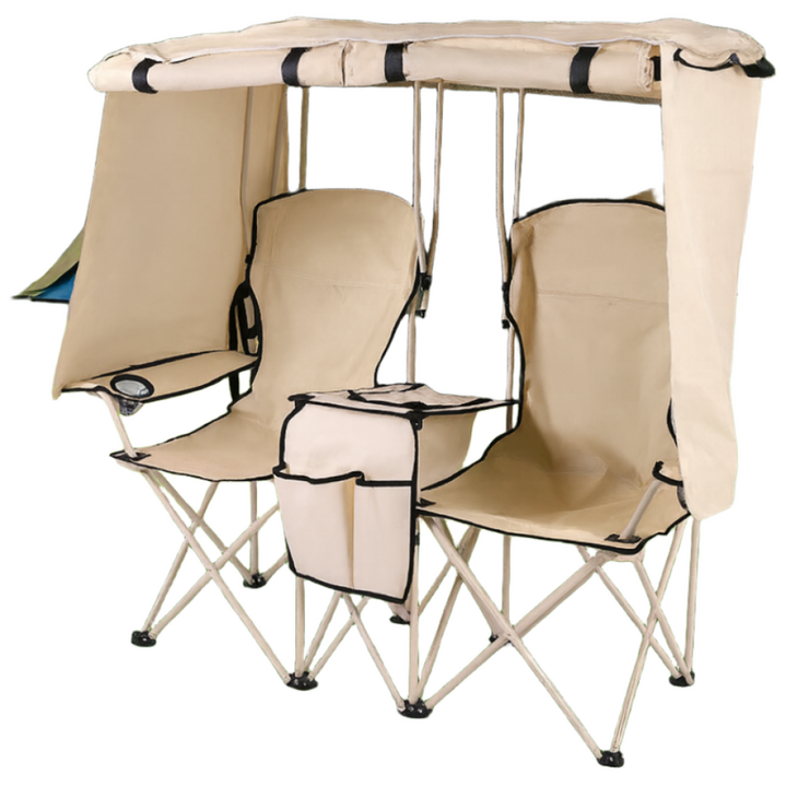 제니로이드 2인용 캠핑 낚시 해변 겸용 접이식 의자 일체형 차양 & 방수 캐노피 디렉터 체어, 카키 베이지