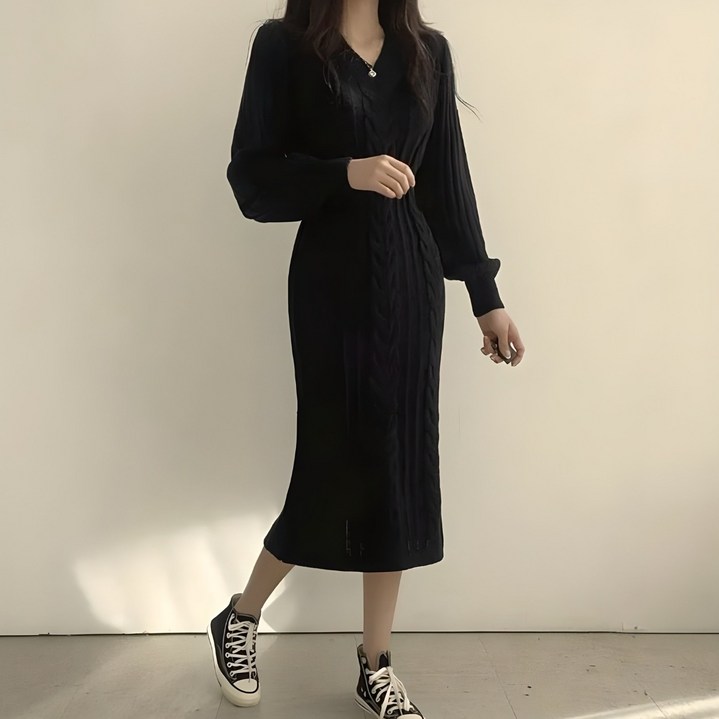 시연 가을 겨울 여성 브이넥 니트 원피스 3COLOR