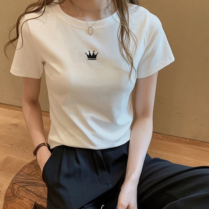 구디프 여성용 퀸크라운 라운드 반팔 기본 티셔츠